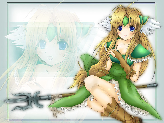 Girl sword green outfit table free wallpaper for desktop - medium preview image