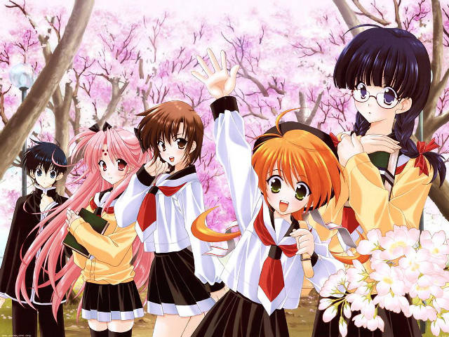 Anime girls cherryblossoms pinkhair schooluniform free wallpaper for desktop - medium preview image