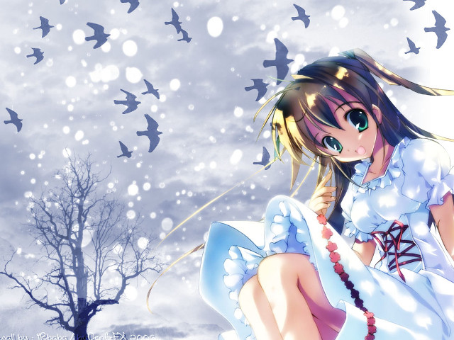 Girl snow white dress birds free wallpaper for desktop - medium preview image