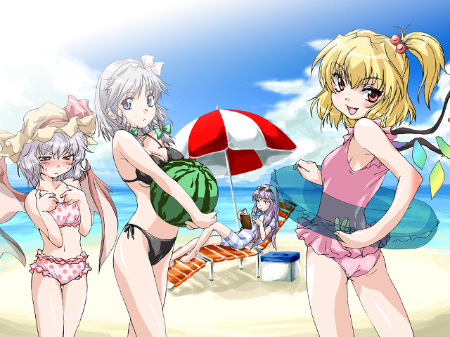 Three anime girls beach umbrellas free wallpaper for desktop - medium preview image