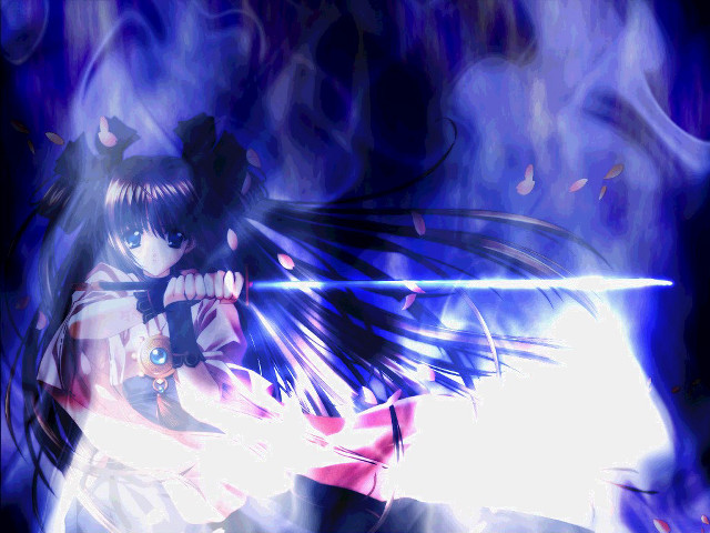 Anime girl sword demon blue free wallpaper for desktop - medium preview image