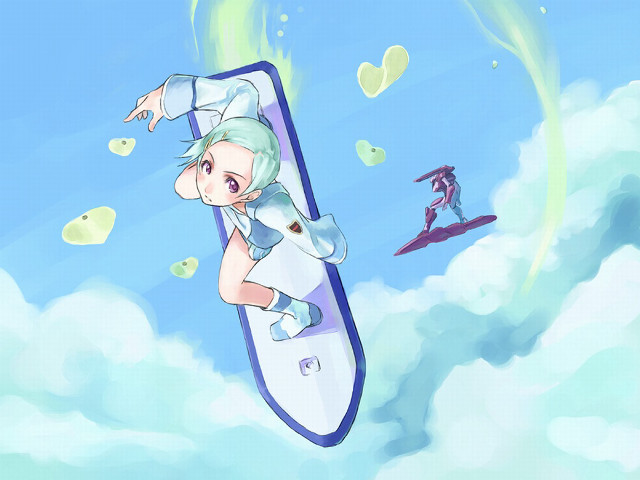 Aqua hair cartoon flying surfboard free wallpaper for desktop - medium preview image