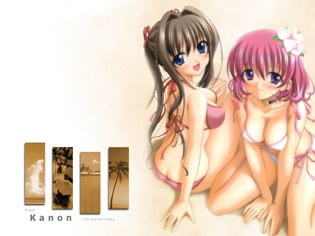Anime girls beach bikini pink free wallpaper for desktop - medium preview image
