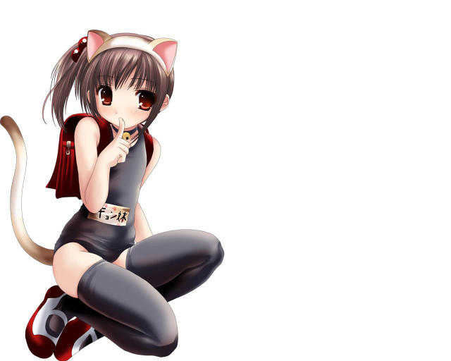 Catgirl blush anime schoolgirl squatting free wallpaper for desktop - medium preview image