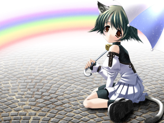 Girl rainbow umbrella anime green free wallpaper for desktop - medium preview image