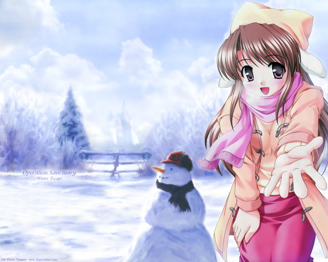 Girl pink dress snowman trees free wallpaper for desktop - medium preview image