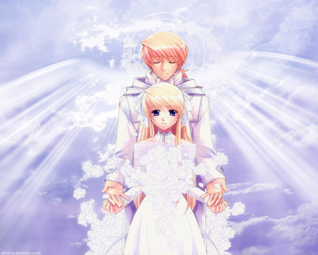 Anime couple sunbeams clouds weddingdress free wallpaper for desktop - medium preview image