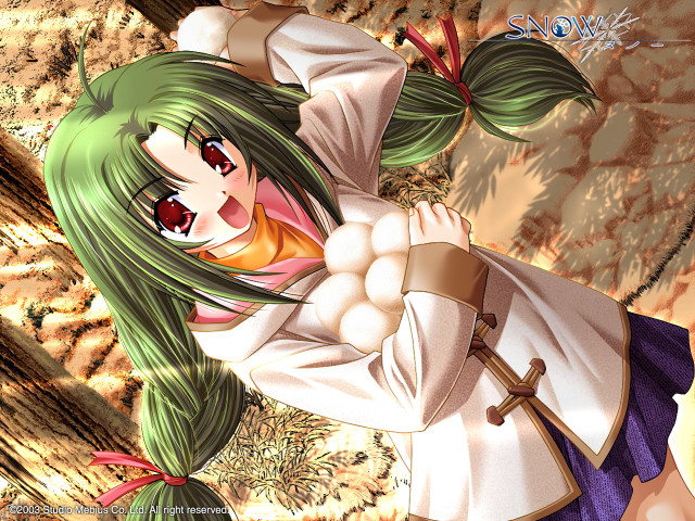 Green haired woman sword autumn free wallpaper for desktop - medium preview image