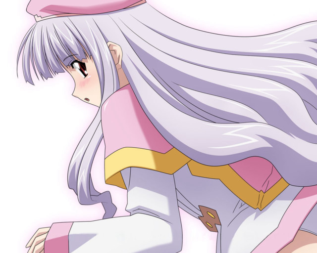 Girl longwhitehair pinkhat sitting lookingback free wallpaper for desktop - medium preview image