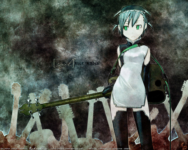 Girl guitar backpack green eyes free wallpaper for desktop - medium preview image