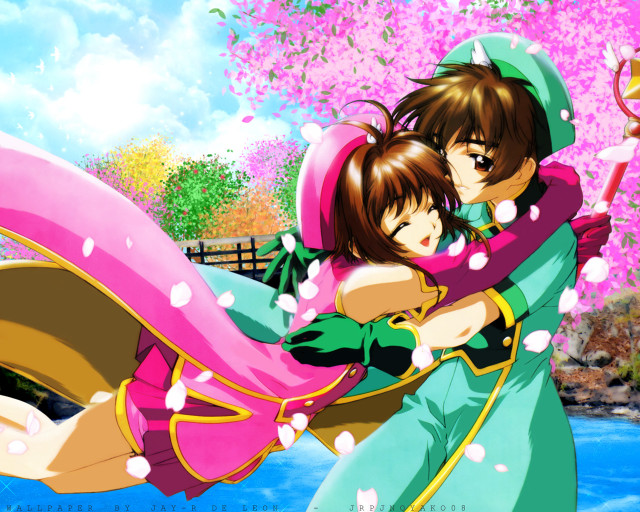 Anime hugging couple cherry blossoms free wallpaper for desktop - medium preview image