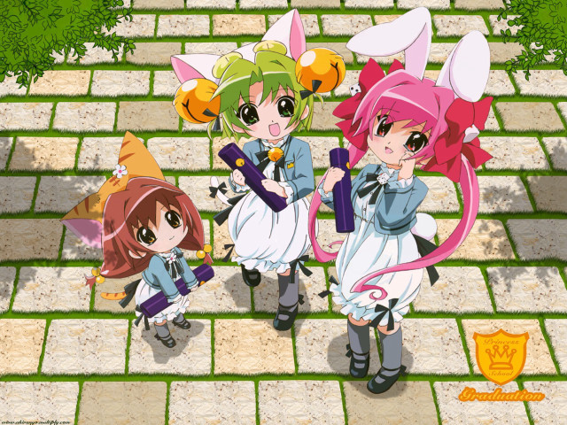 Three anime girls umbrella brick free wallpaper for desktop - medium preview image