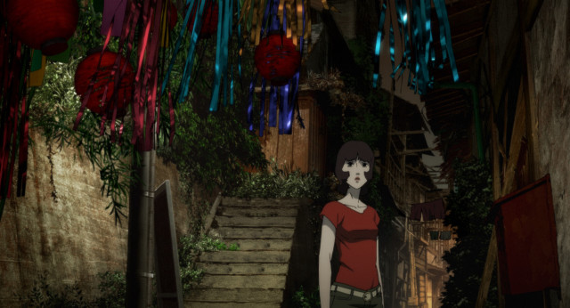 Woman redshirt greenpants hallway redumbrella free wallpaper for desktop - medium preview image