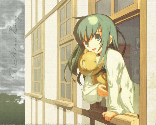 Girl teddy bear window green free wallpaper for desktop - medium preview image