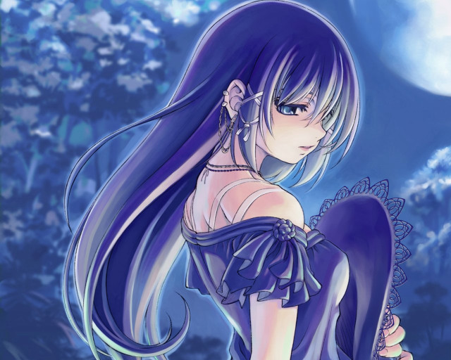 Purple hair blue dress moon free wallpaper for desktop - medium preview image