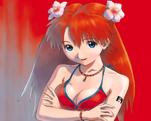Red bikini anime woman flower free wallpaper for desktop - medium preview image