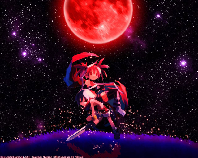 Red moon girl sword stars free wallpaper for desktop - medium preview image