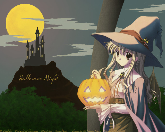 Witch girl pumpkin castle night free wallpaper for desktop - medium preview image
