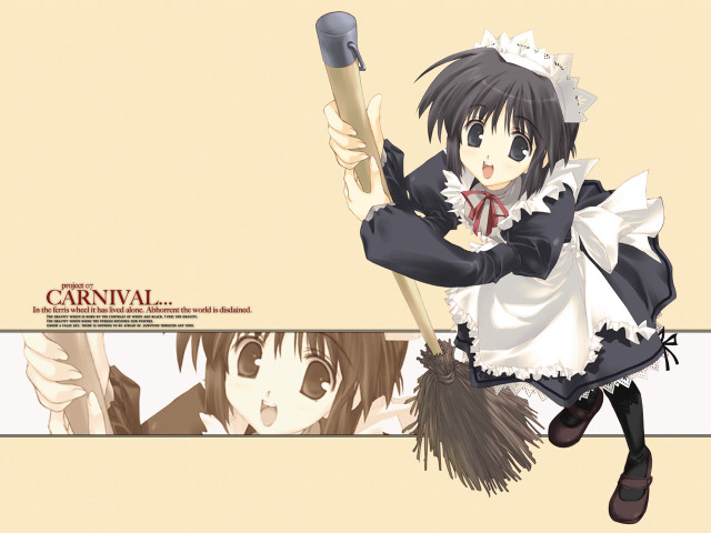 Anime maid broom portrait joyful free wallpaper for desktop - medium preview image