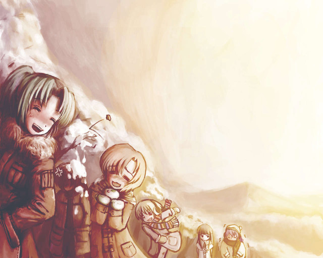 Group people mountain clouds illustration free wallpaper for desktop - medium preview image