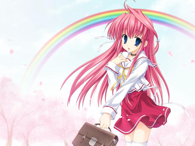 Pink haired girl suitcase rainbow free wallpaper for desktop - medium preview image