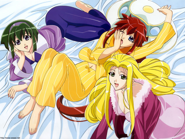 Three anime girls bed holding #2 free wallpaper for desktop - medium preview image