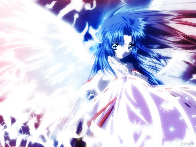 Angelic bluehaired girl wings starred free wallpaper for desktop - medium preview image