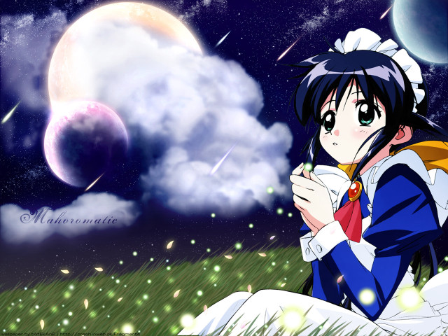 Moon stars anime girl campfire free wallpaper for desktop - medium preview image