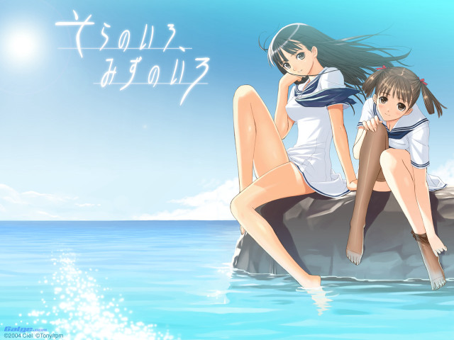 Anime girls sitting water sky free wallpaper for desktop - medium preview image