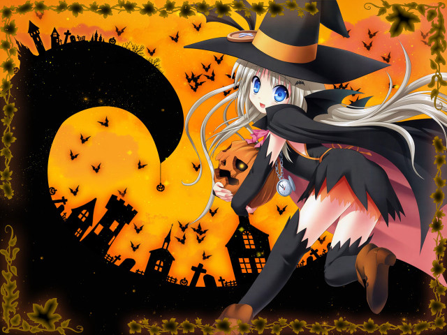 Cartoon witch broom pumpkin fullmoon free wallpaper for desktop - medium preview image