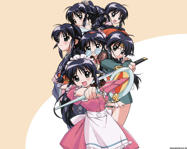 Anime girls swords masks umbrellas free wallpaper for desktop - medium preview image