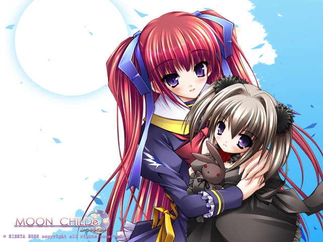 Anime girls hugging moon blue free wallpaper for desktop - medium preview image