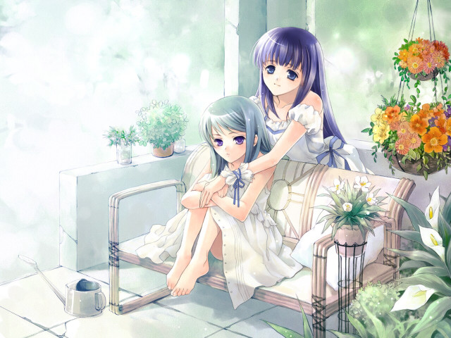 Anime girls bench flower ivy free wallpaper for desktop - medium preview image