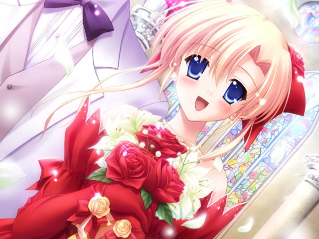 Woman red dress bouquet alice free wallpaper for desktop - medium preview image