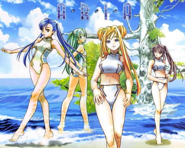 Three anime girls beach tree free wallpaper for desktop - medium preview image
