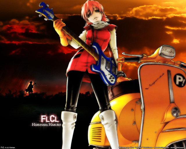 Girl guitar scooter sunset fire free wallpaper for desktop - medium preview image