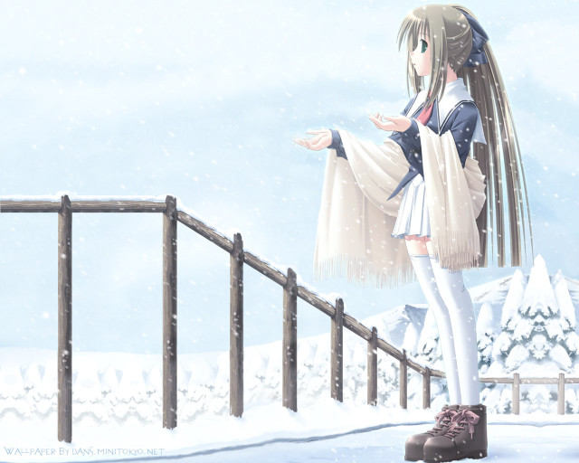 Girl snowy bridge outstretched arms free wallpaper for desktop - medium preview image