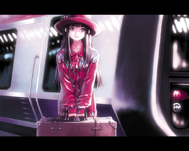 Woman red hat suitcase train free wallpaper for desktop - medium preview image