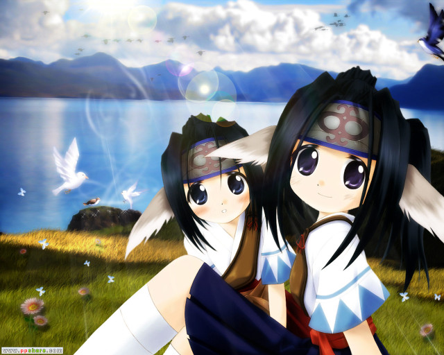 Anime girls lake grass flowers free wallpaper for desktop - medium preview image