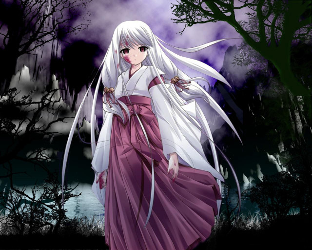 Moonlit forest miko anime blood free wallpaper for desktop - medium preview image
