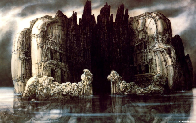 Castle water people rocks painting free wallpaper for desktop - medium preview image