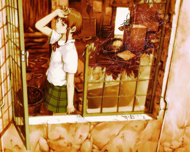 Girl school uniform window spiderweb free wallpaper for desktop - medium preview image