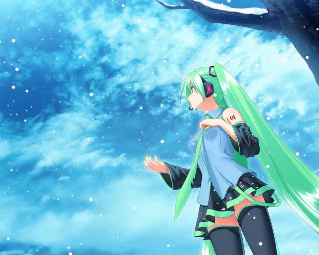 Anime girl green hair snowy free wallpaper for desktop - medium preview image