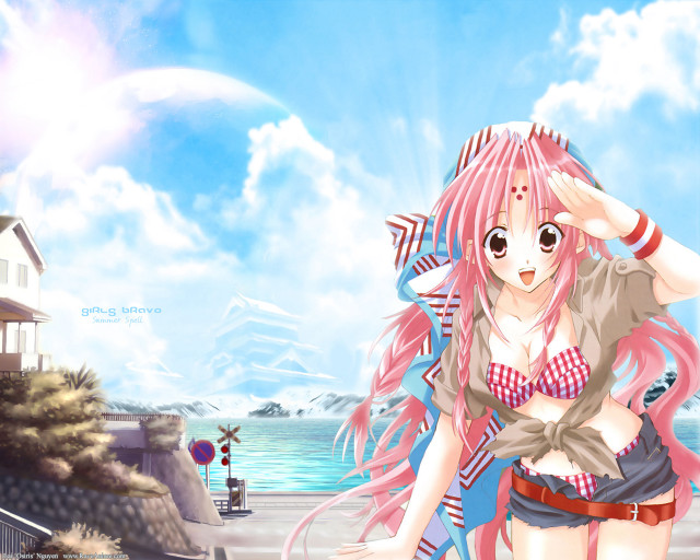Pink hair girl beach house free wallpaper for desktop - medium preview image