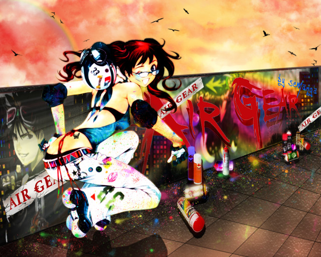 Woman skateboard graffiti birds cyberpunk free wallpaper for desktop - medium preview image