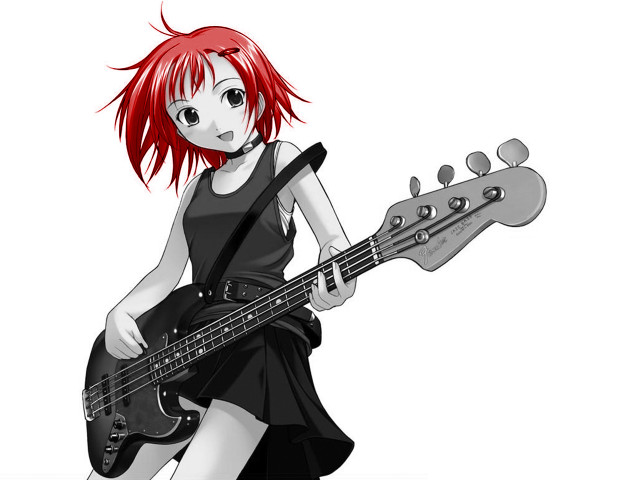 Redhair girl bassguitar blackdress whitebg free wallpaper for desktop - medium preview image