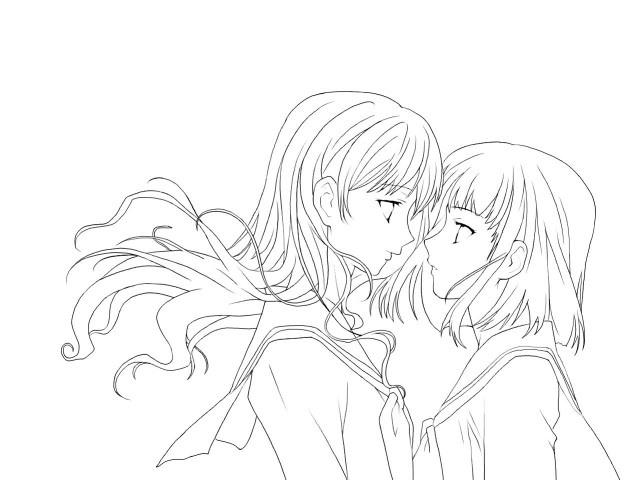 Anime couple kissing lineart wind free wallpaper for desktop - medium preview image