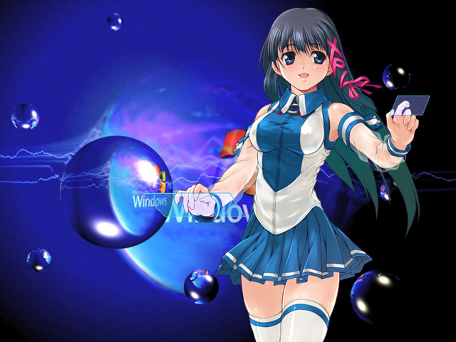 Girl blue dress cellphone bubbles free wallpaper for desktop - medium preview image