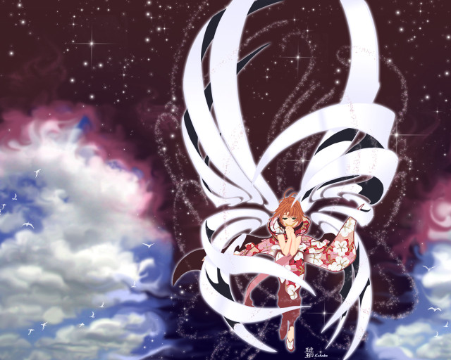 Anime whitehair redhead flying ribbon free wallpaper for desktop - medium preview image