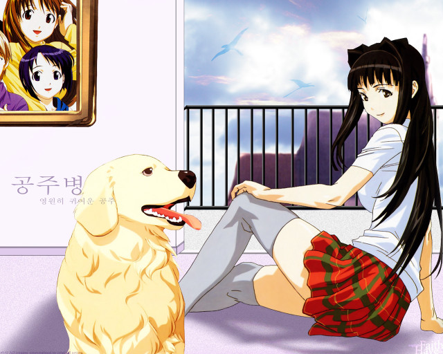 Girl dog bench plaid skirt free wallpaper for desktop - medium preview image